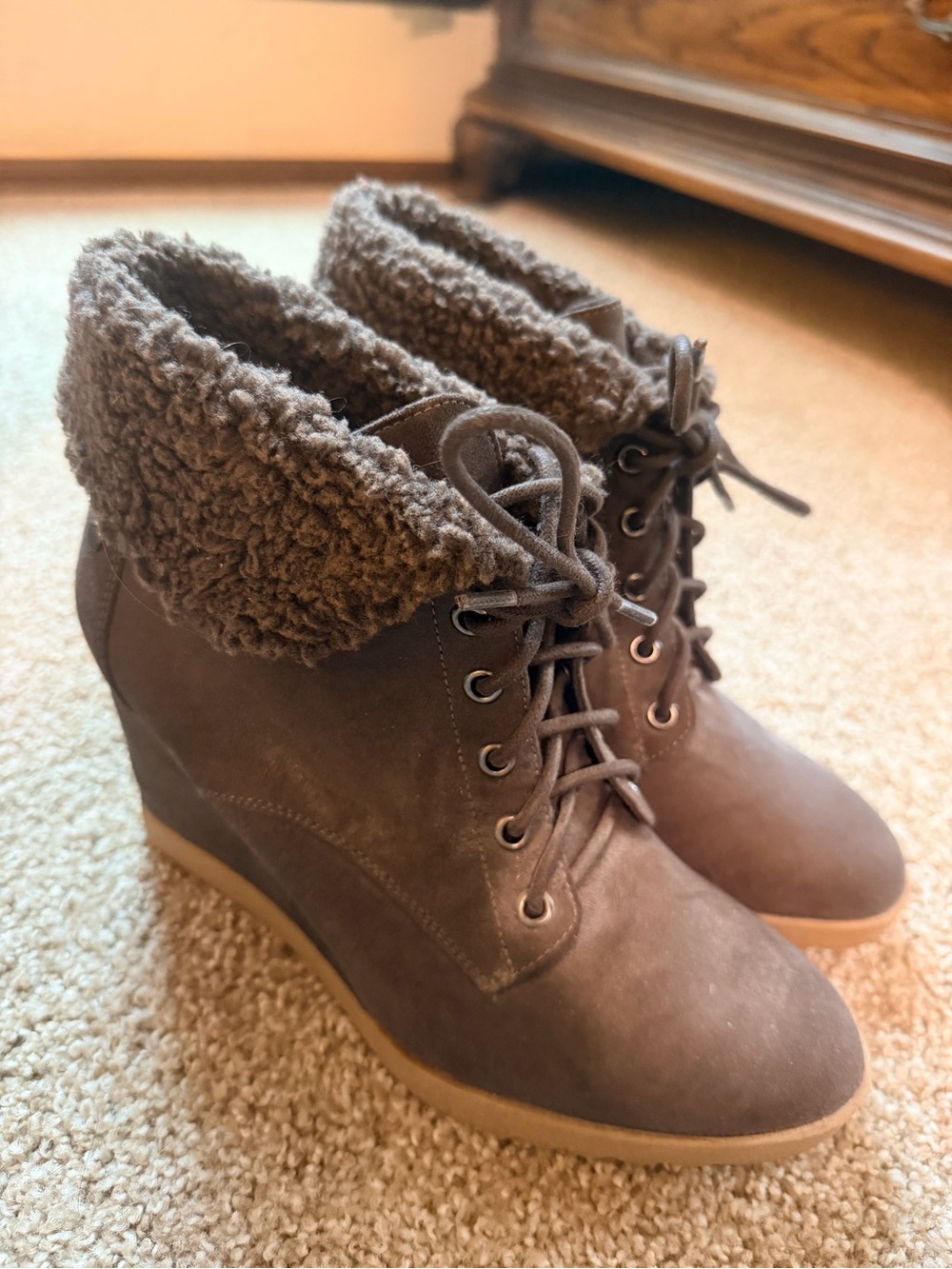Dana Buchman Suede Wedge Ankle Boot with Faux Shearling Cuff, New Without Box